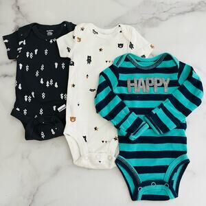 3x Carter’s Just One Gerber Newborn Baby Boy Onesies stripe tree forest bear